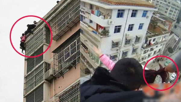Thót tim khoảnh khắc vợ nhảy lầu tự tử, chồng dùng hết sức túm tóc lôi lên